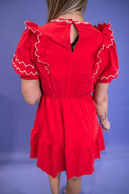 Embroidered Round Neck Mini Dress - Red *Final Sale*