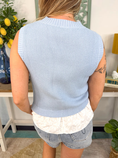 Embroidered Woven-Hem Sleeveless Sweater Top - Blue - EOS Final Sale