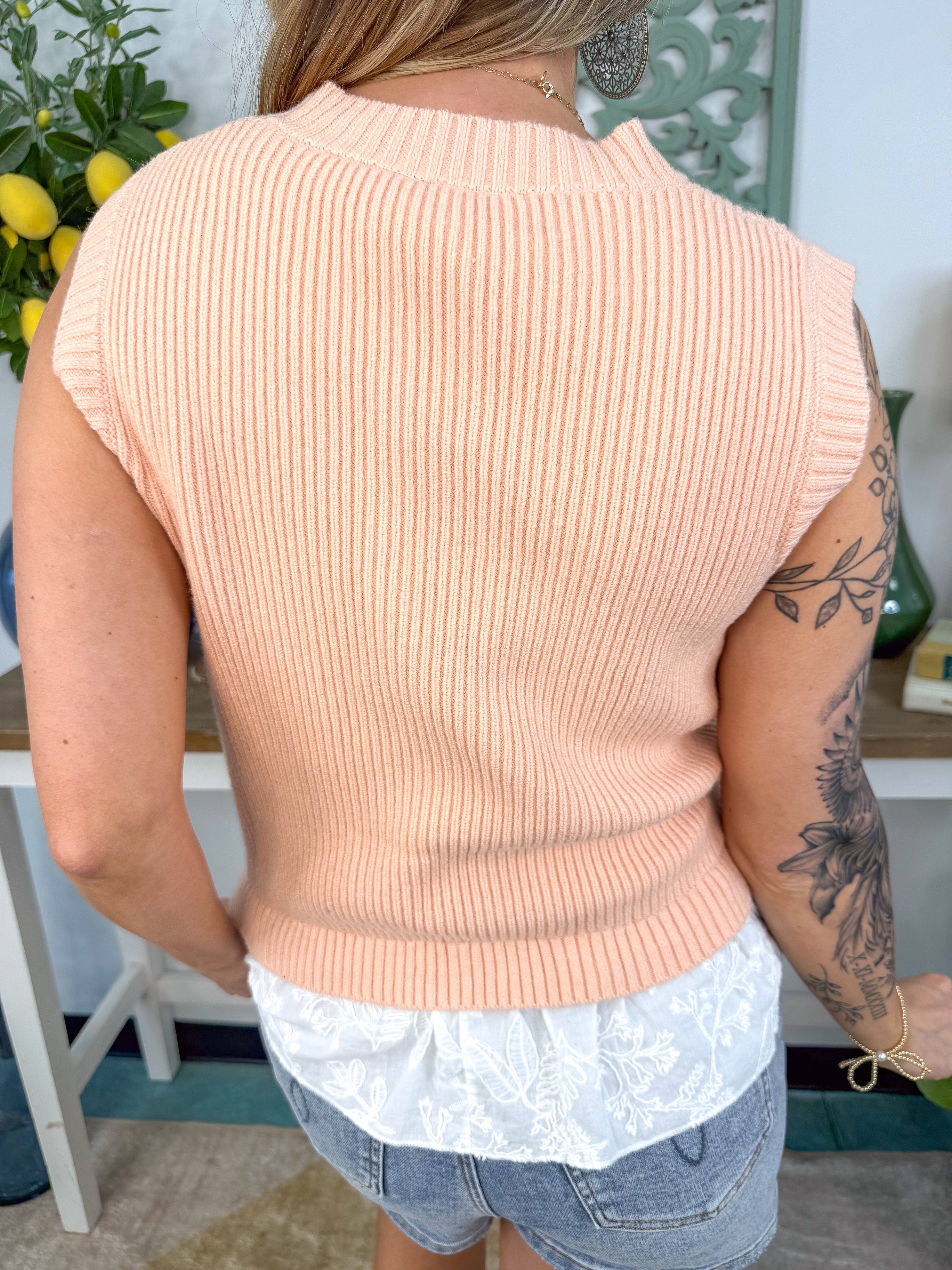 Embroidered Woven-Hem Sleeveless Sweater Top - Blush