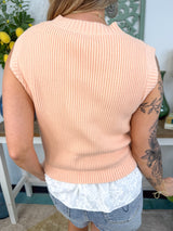 Embroidered Woven-Hem Sleeveless Sweater Top - Blush