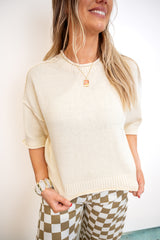 Exposed-Seam Drop-Shoulder Short-Sleeve Pullover - Ivory