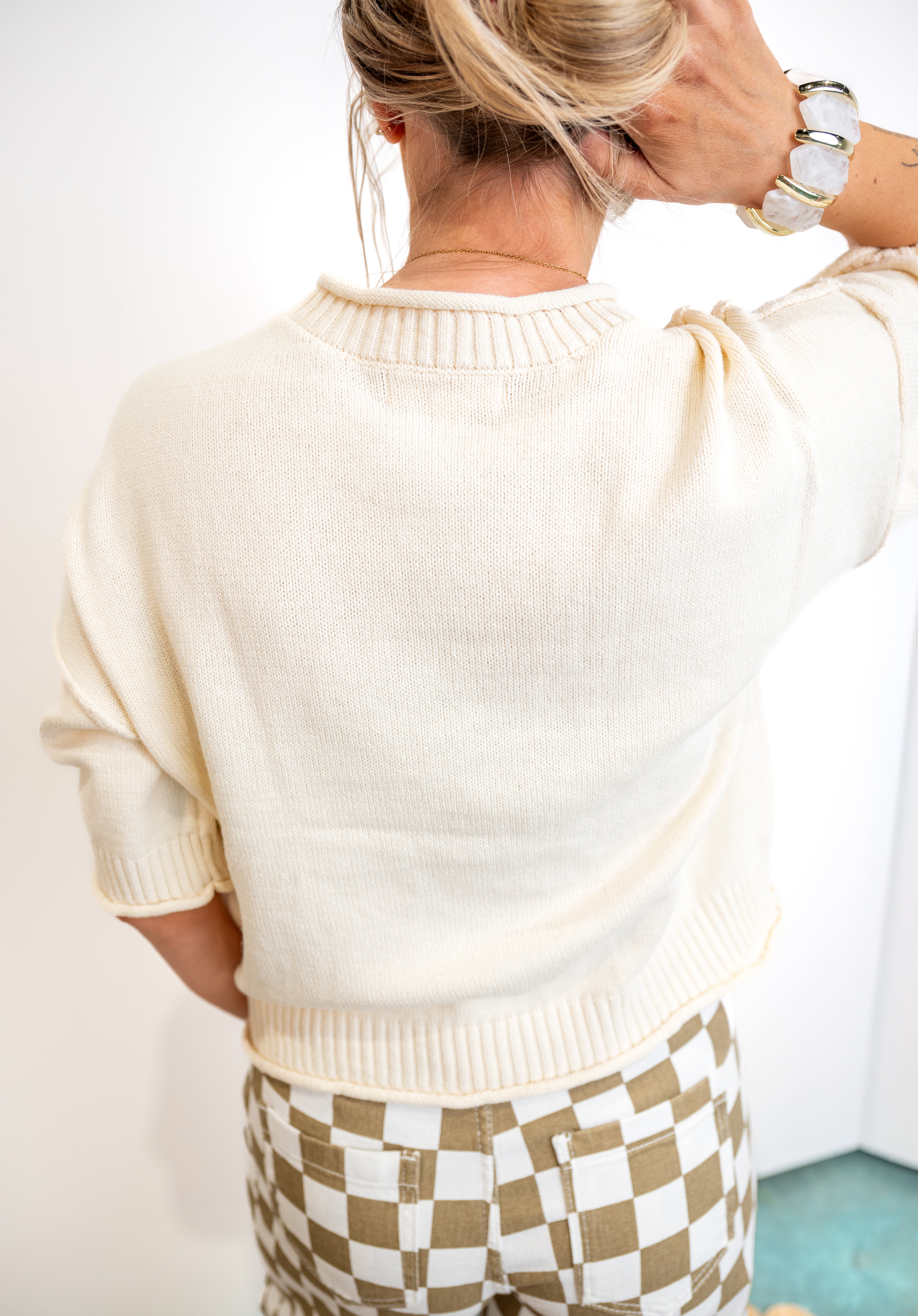 Exposed-Seam Drop-Shoulder Short-Sleeve Pullover - Ivory
