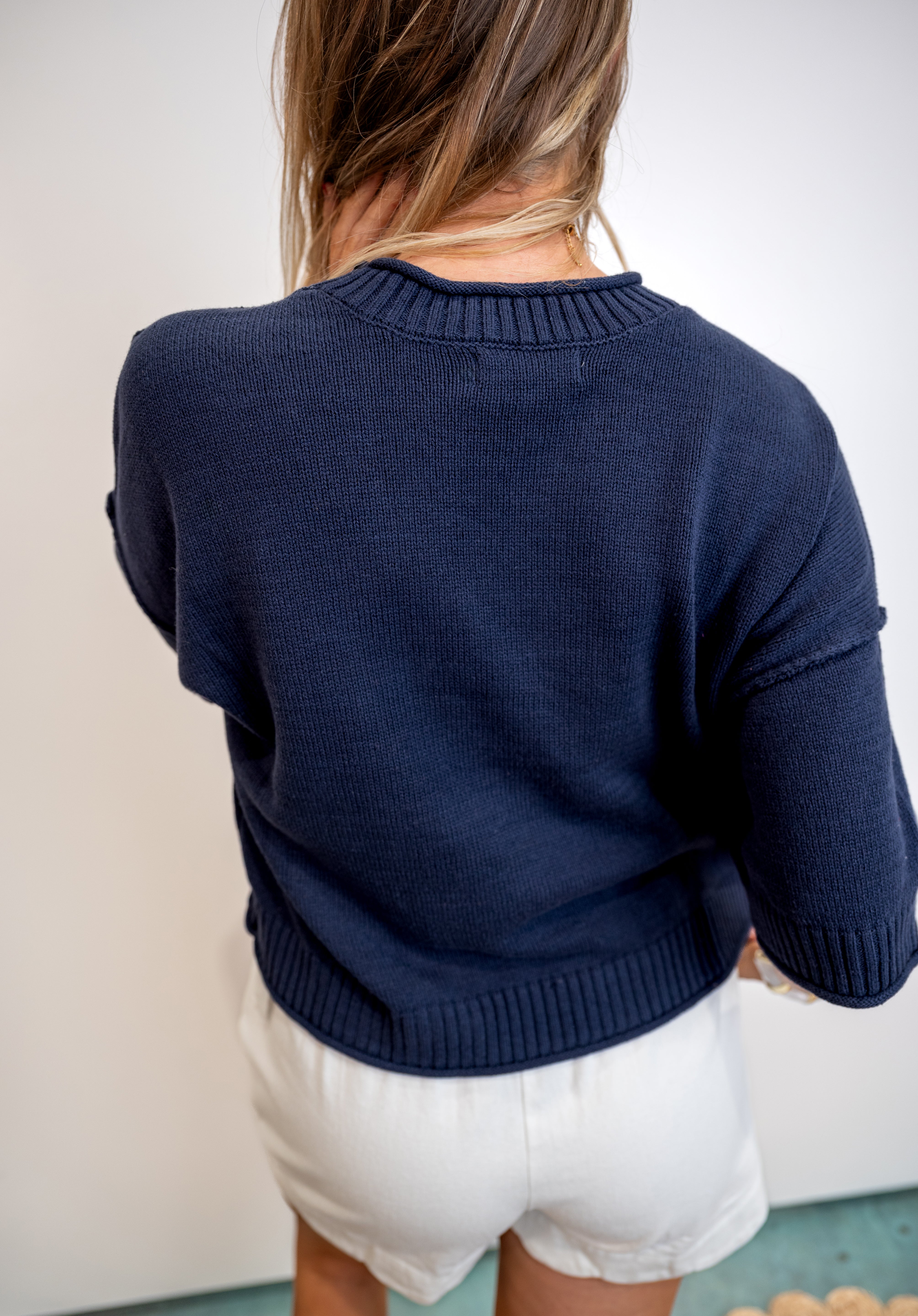 Exposed-Seam Drop-Shoulder Short-Sleeve Pullover - Navy