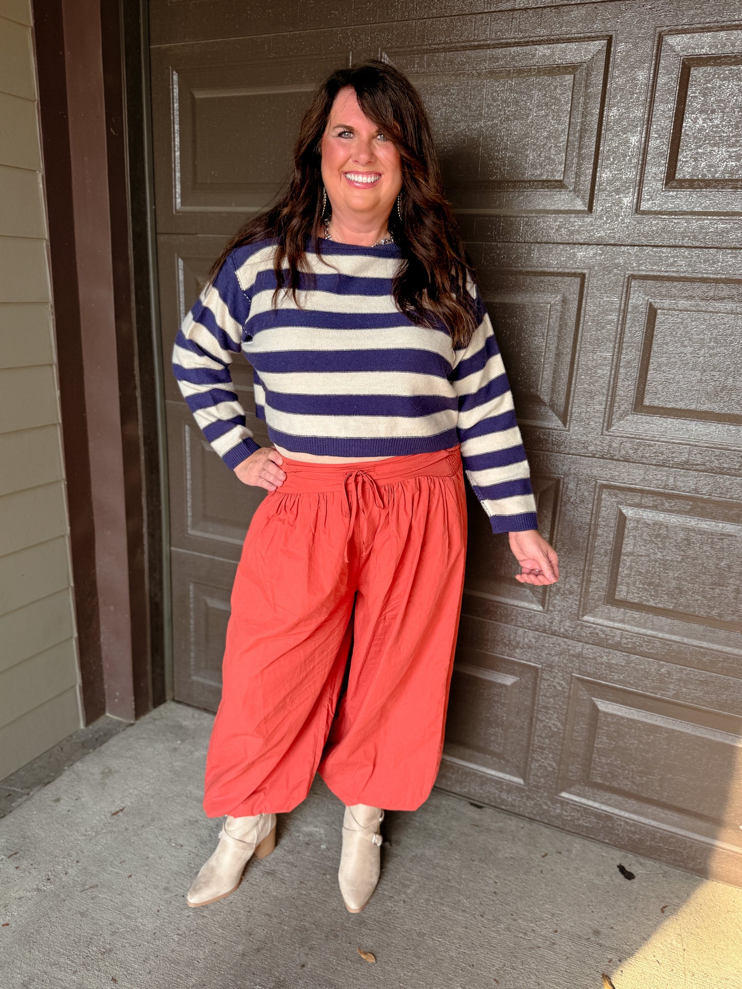 Exposed Seam Striped Cropped Knit Sweater