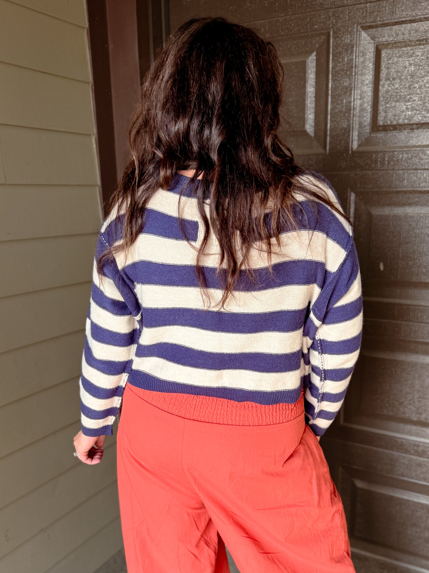Exposed Seam Striped Cropped Knit Sweater