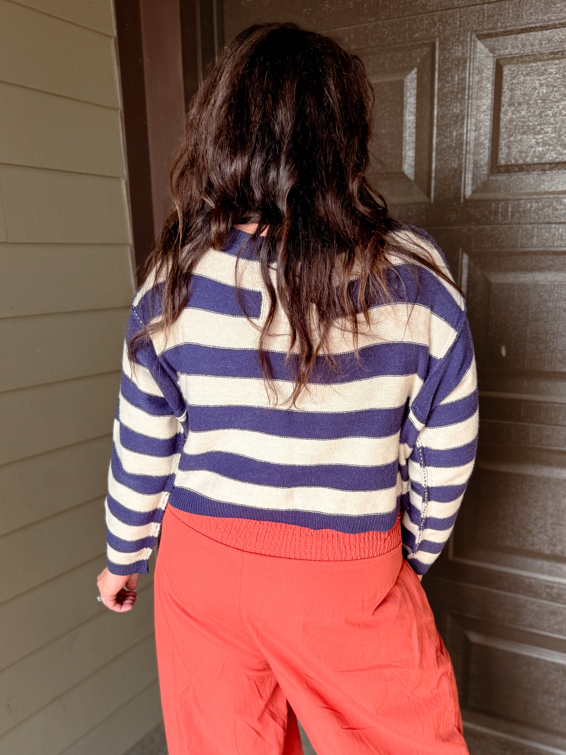 Exposed Seam Striped Cropped Knit Sweater