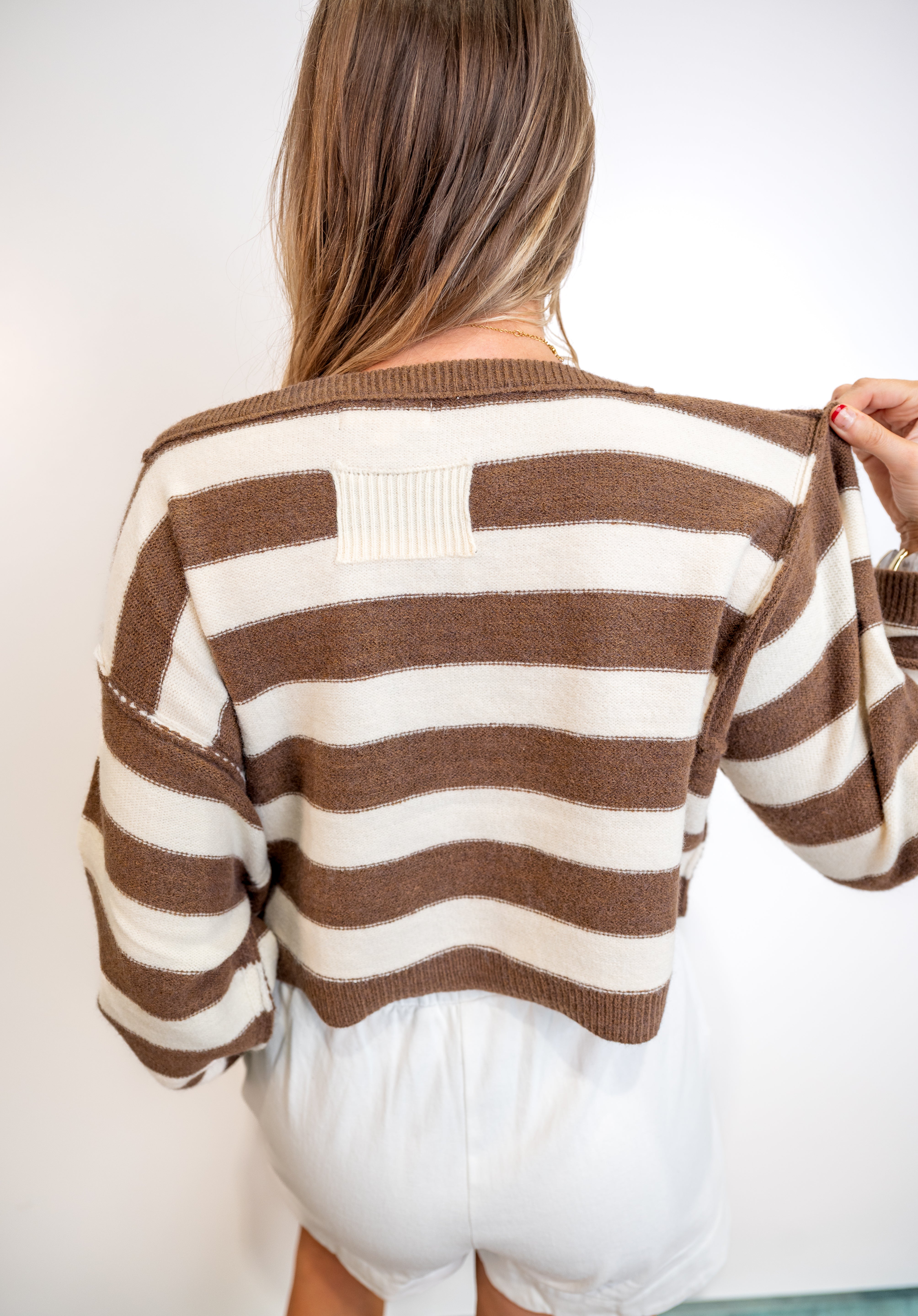 Exposed Seam Striped Cropped Knit Sweater - Brown