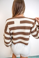 Exposed Seam Striped Cropped Knit Sweater - Brown