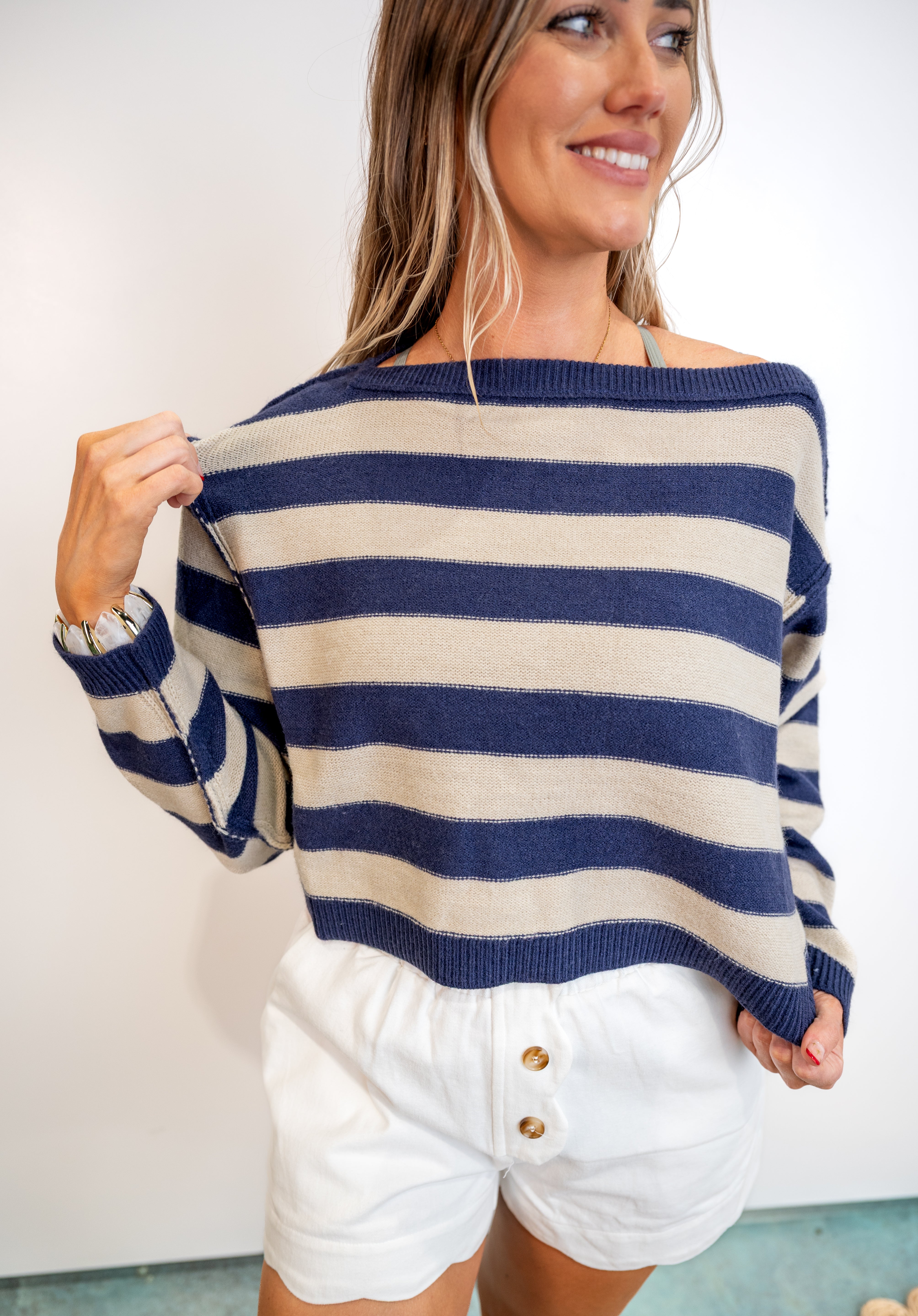 Exposed Seam Striped Cropped Knit Sweater - Denim