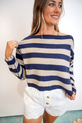 Exposed Seam Striped Cropped Knit Sweater - Denim