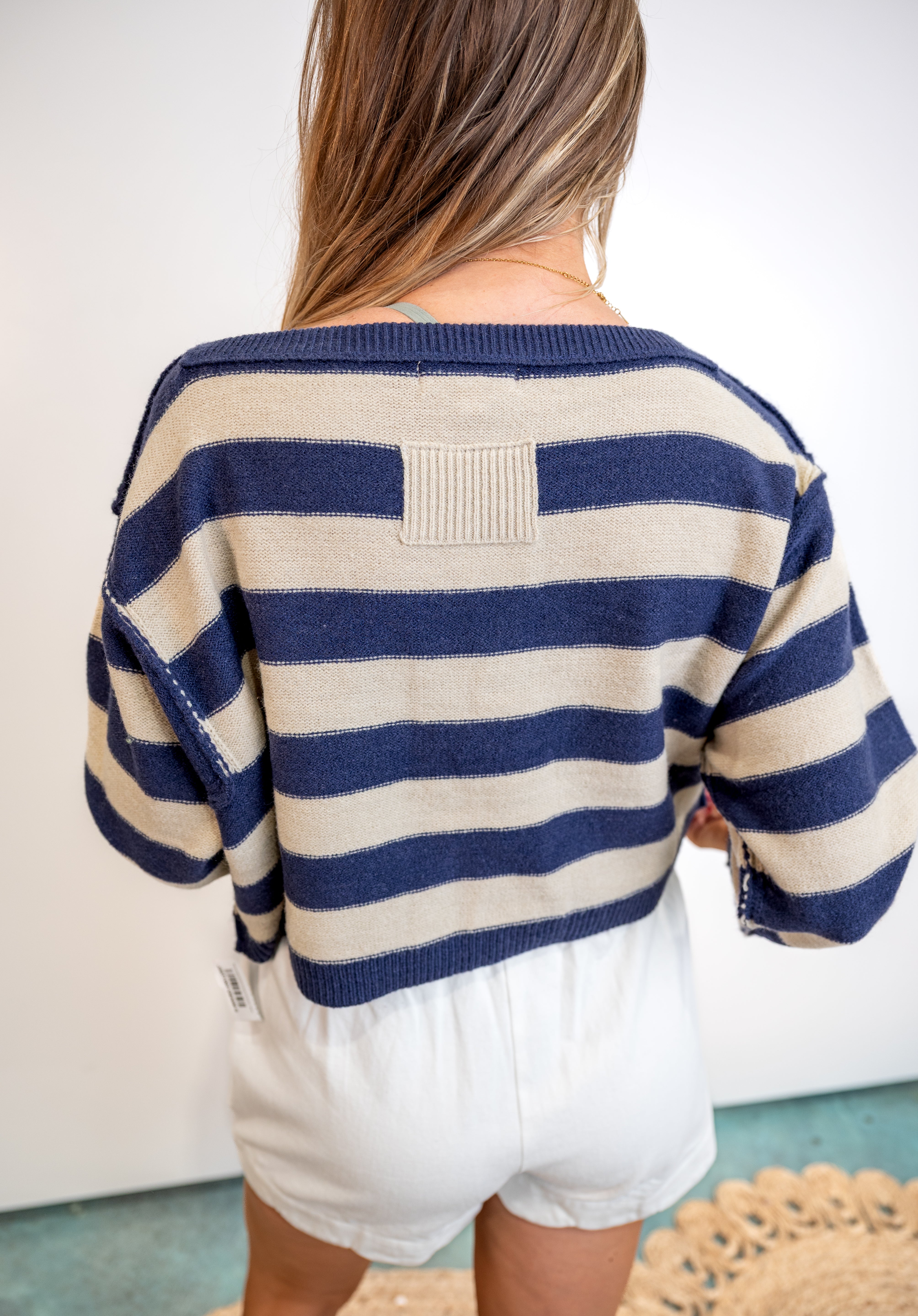 Exposed Seam Striped Cropped Knit Sweater - Denim