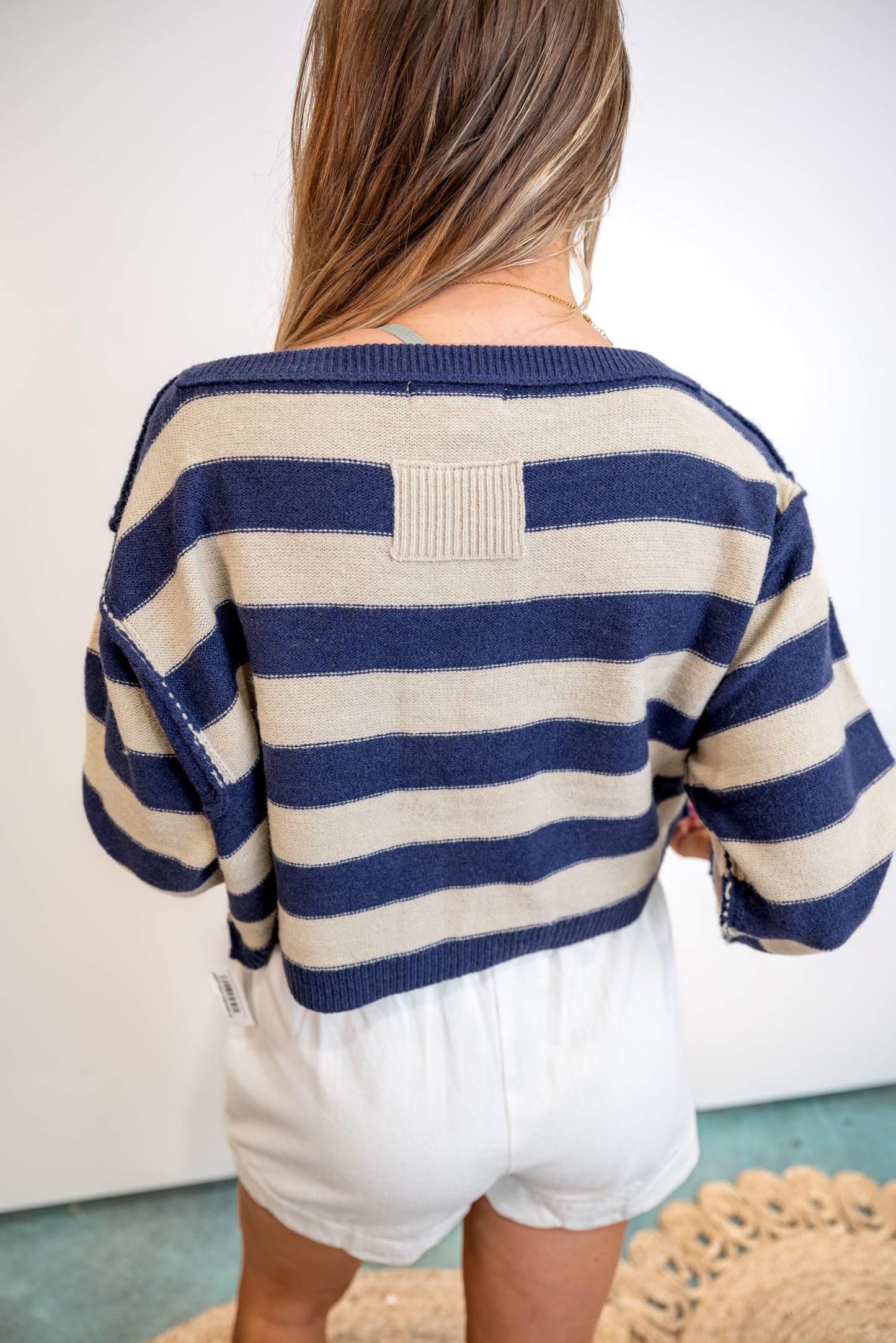 Exposed Seam Striped Cropped Knit Sweater - Denim