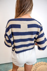 Exposed Seam Striped Cropped Knit Sweater - Denim