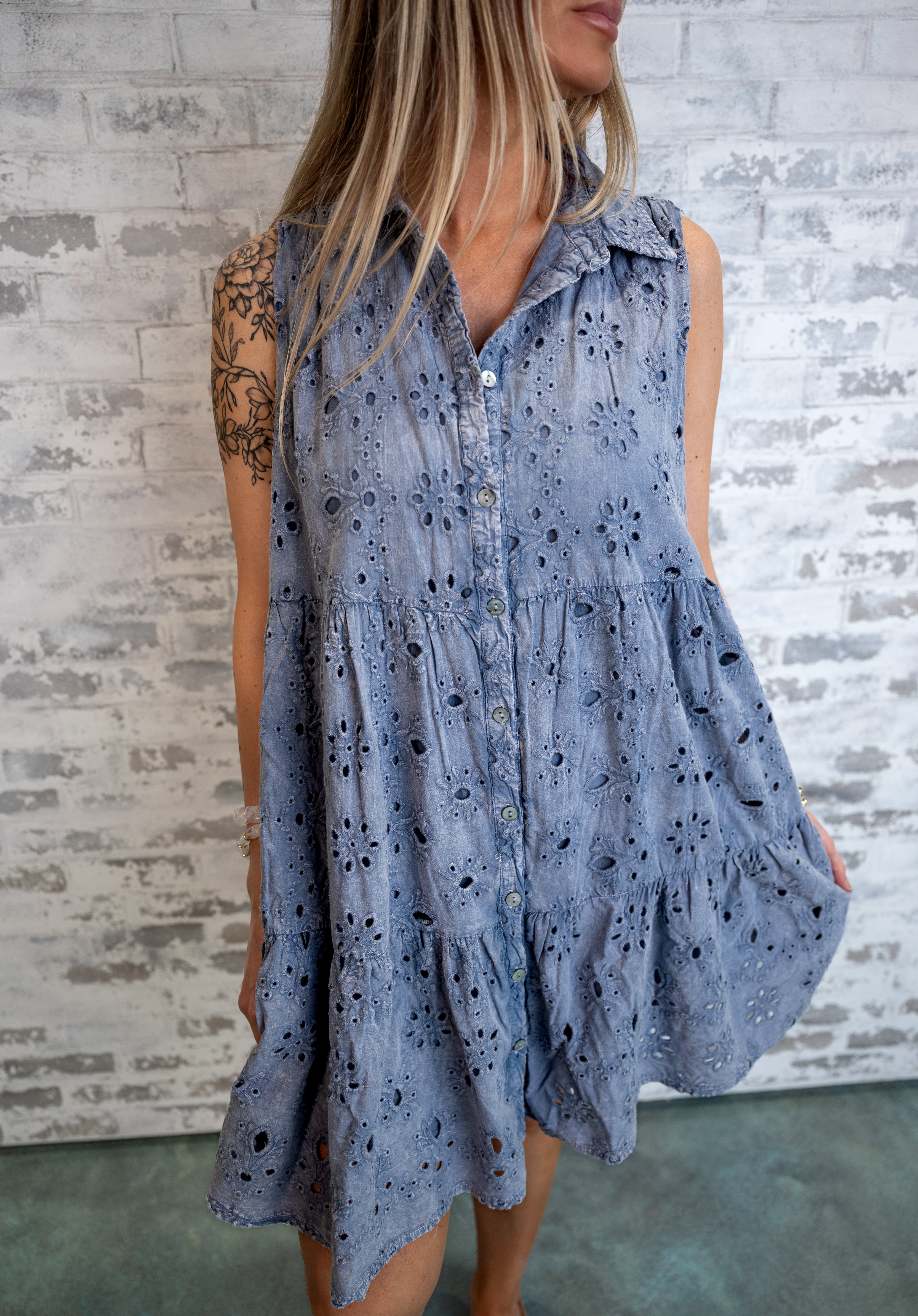 Eyelet Ruffle Button-Up Tunic - Blue
