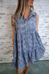 Eyelet Ruffle Button-Up Tunic - Blue