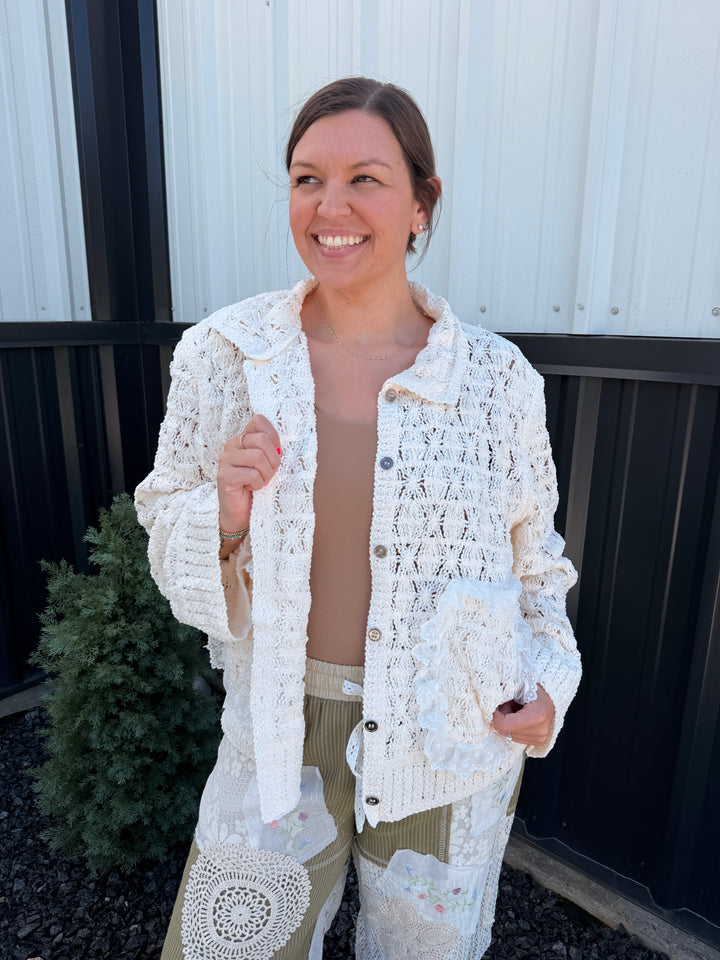 Textured Stitch Crochet Knit Lace Trim Shirt Cardigan