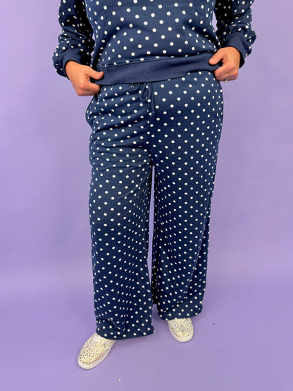 Polka Dot Long Sleeve Top Drawstring Wide Leg Pants Set