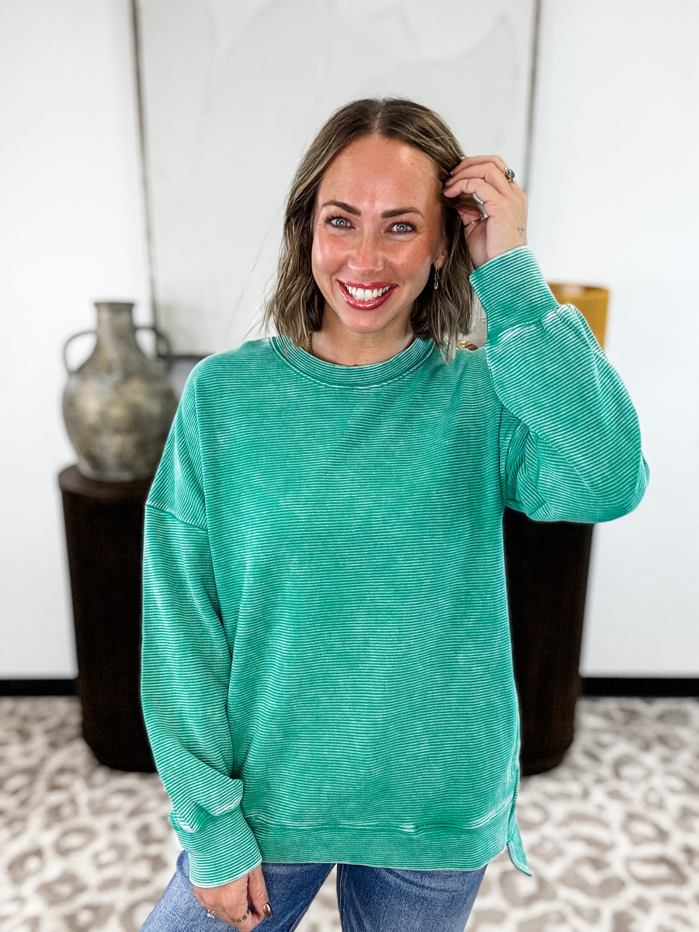 Weekend Ease Ribbed Pullover - Green