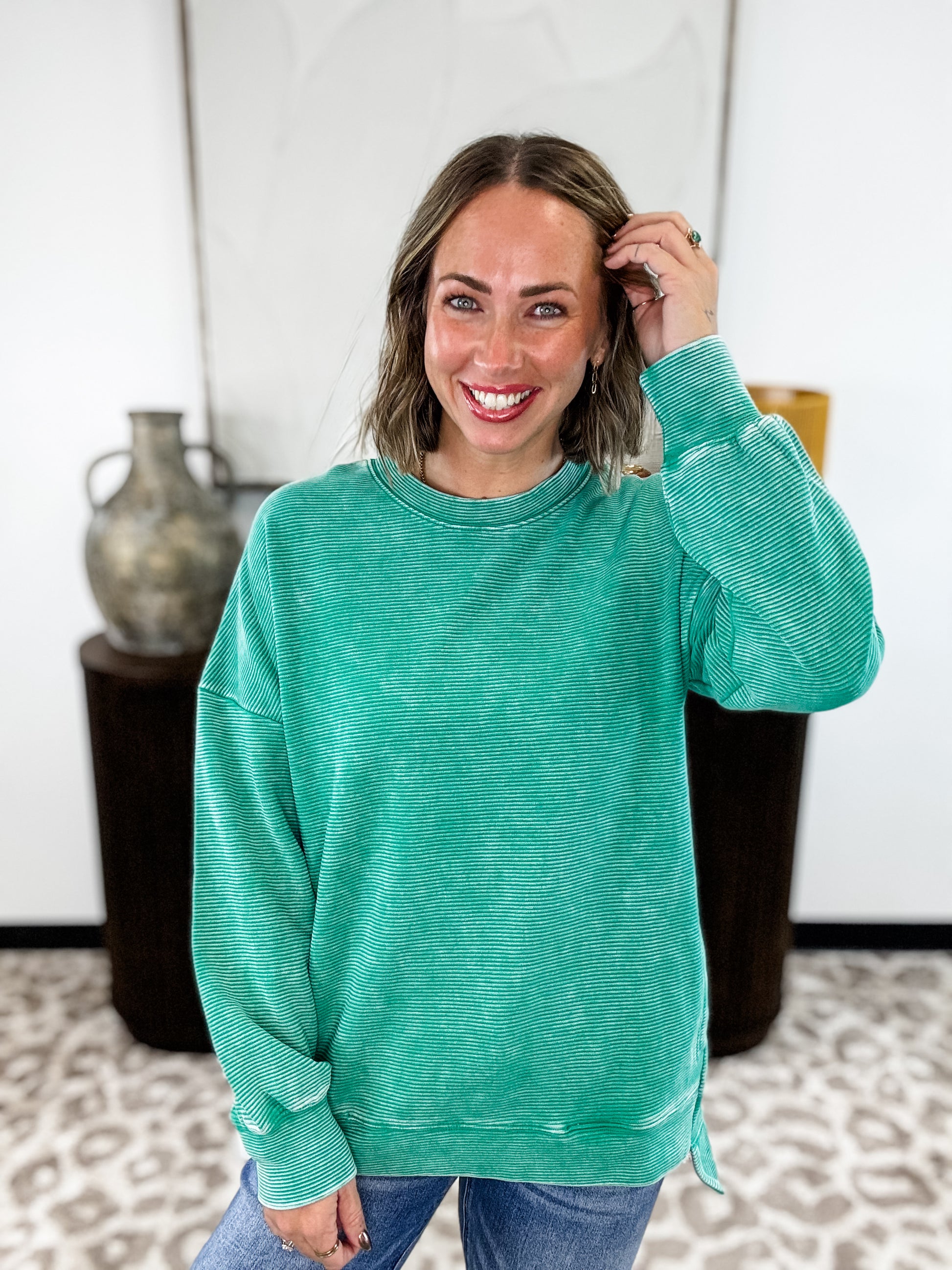 Weekend Ease Ribbed Pullover - Green FINAL SALE