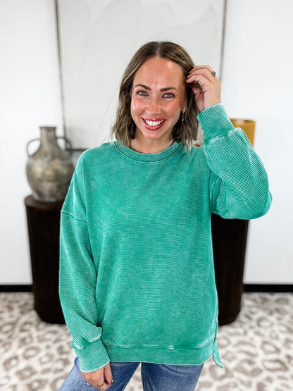 Weekend Ease Ribbed Pullover - Green FINAL SALE