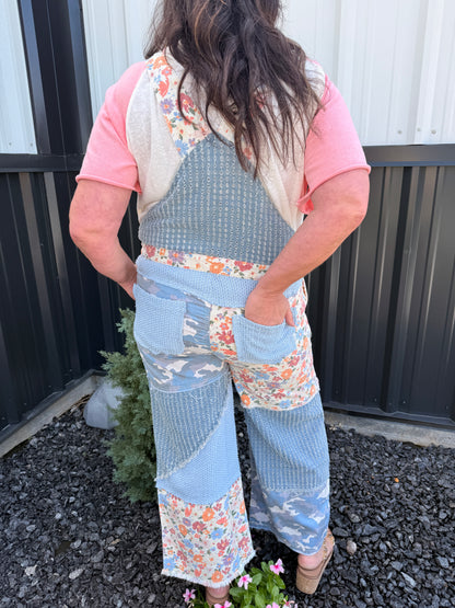Animal Printed Floral Print Frayed Edge Twill Woven Overalls