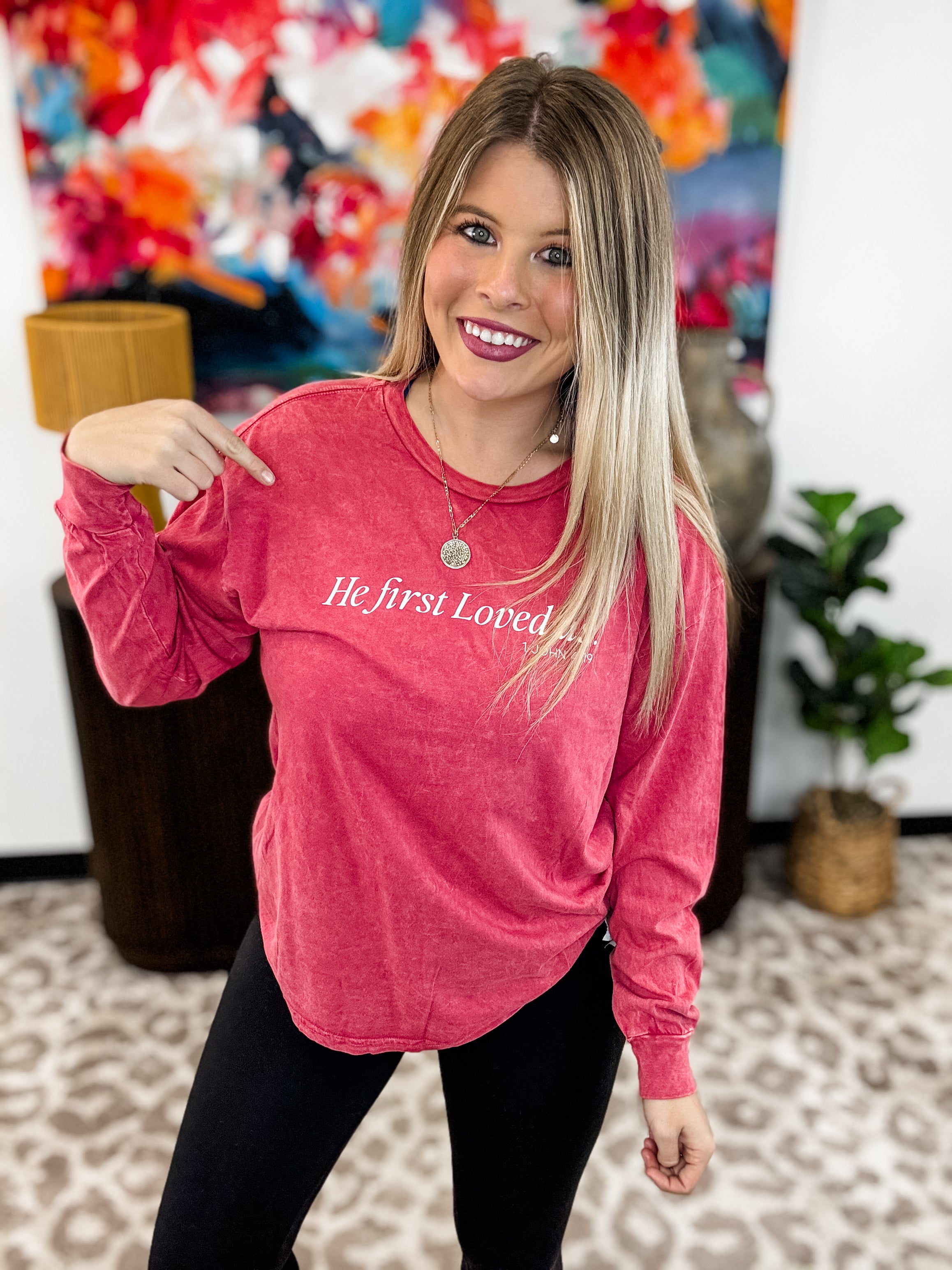 He First Loved Us Long Sleeve Graphic Top - Cardinal