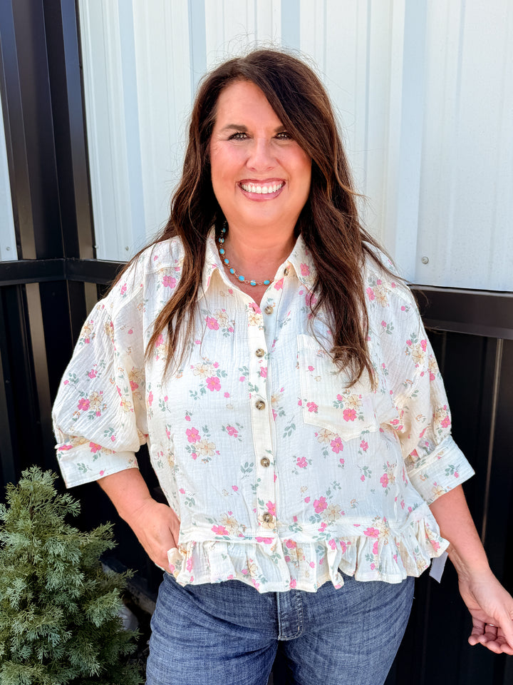 Floral Crinkle Quarter Sleeve Ruffle Hem Shirt Top