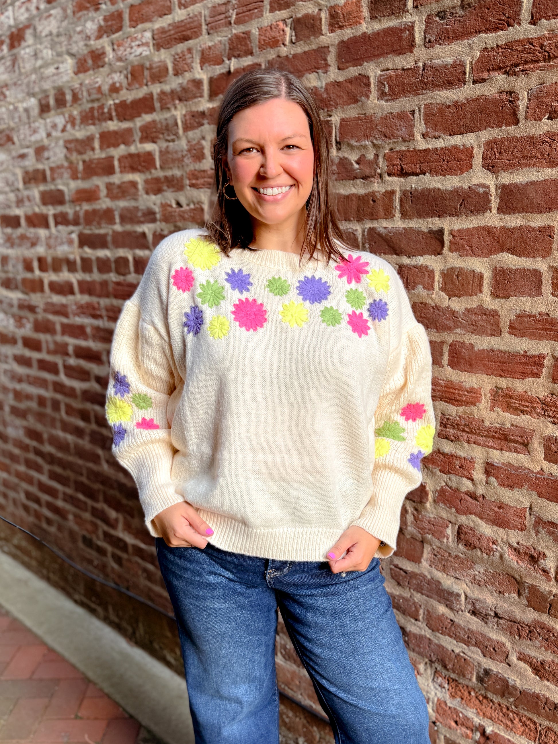 Floral Embroidered Round Neck Sweater Top