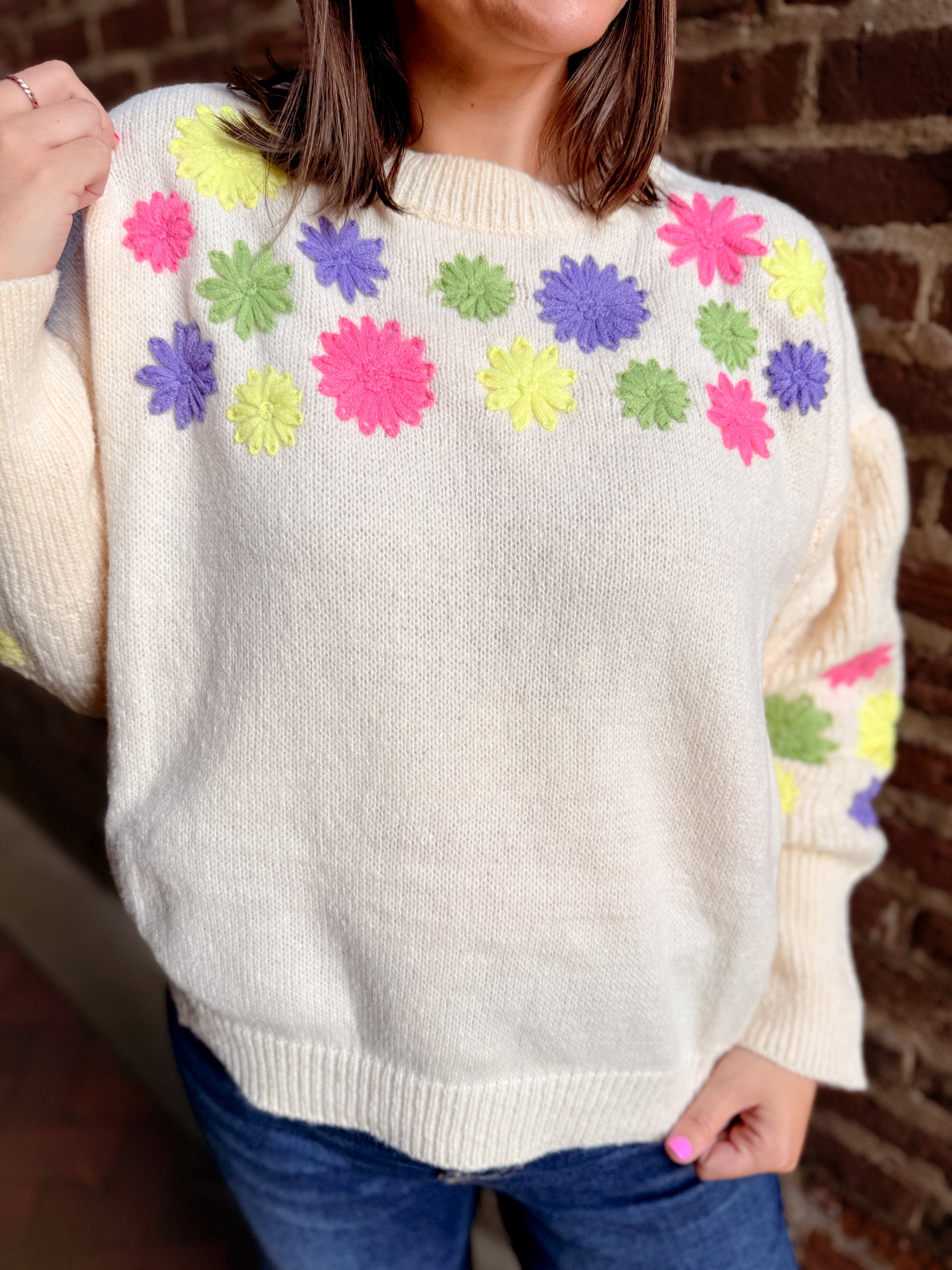 Floral Embroidered Round Neck Sweater Top