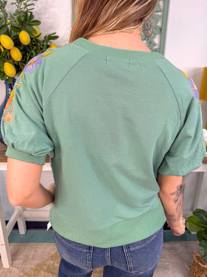 Floral Embroidered Sleeve Mineral Wash Sweatshirt - Sage - EOS Final Sale