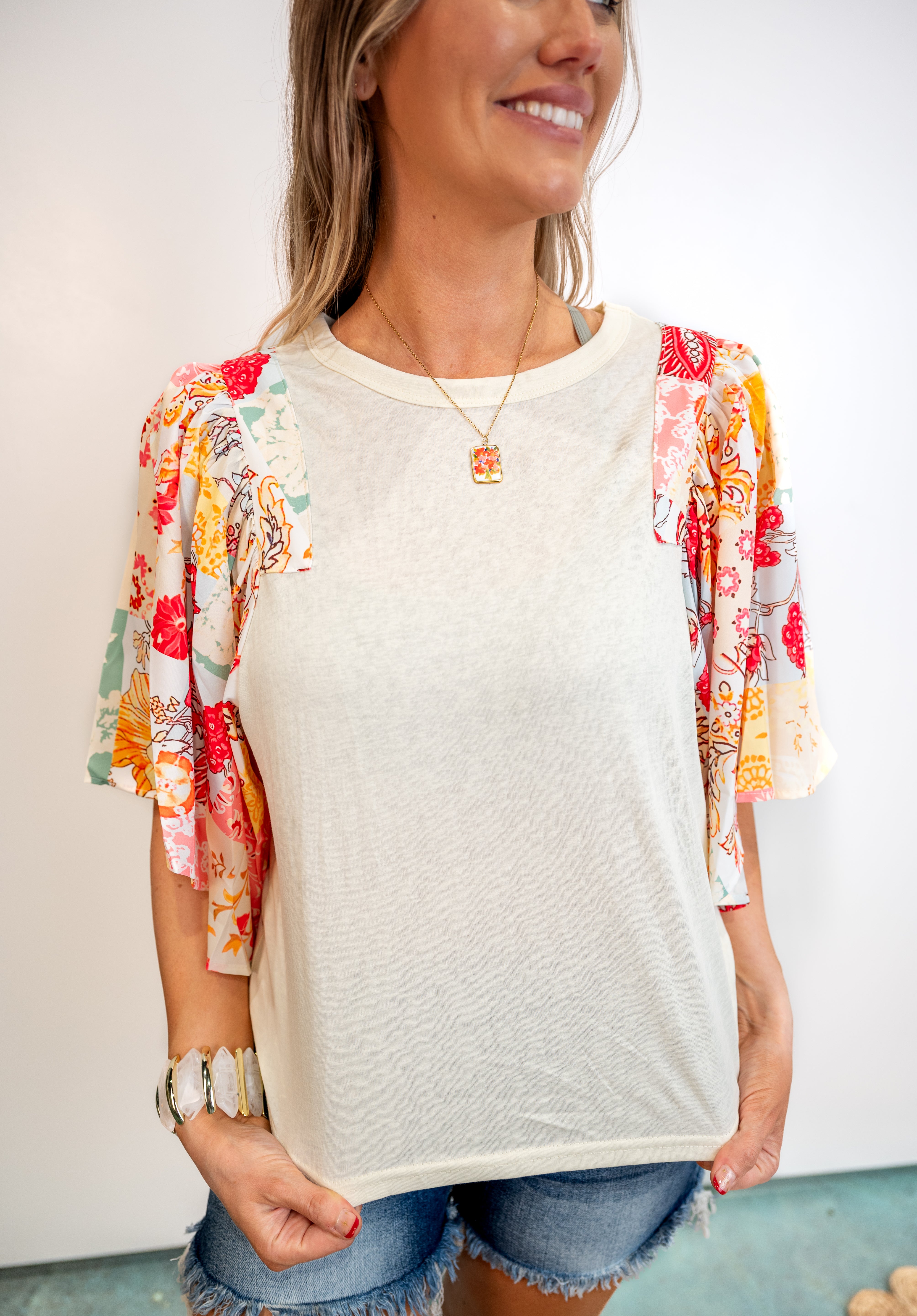 Floral Patchwork Batwing Sleeve Blouse