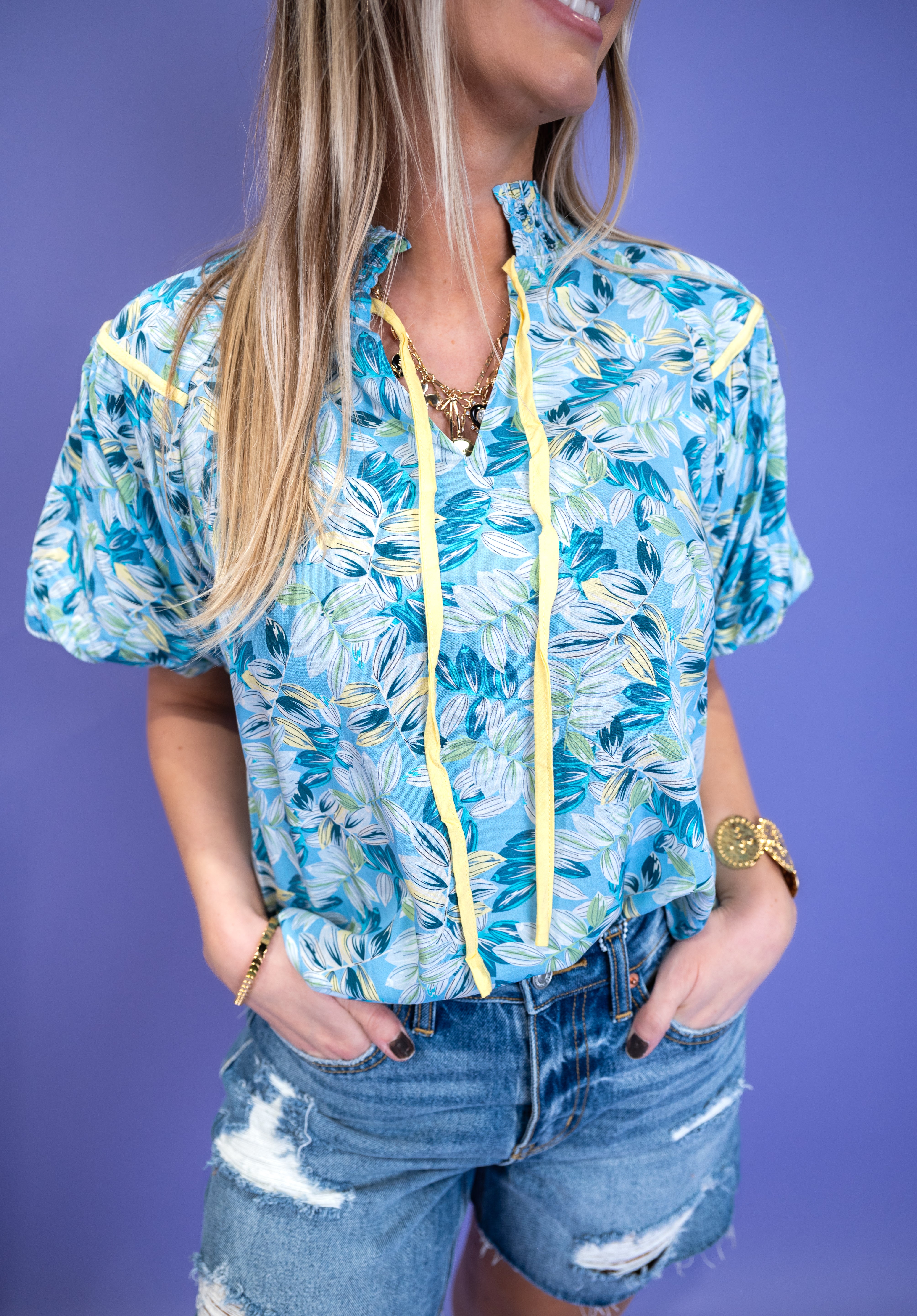 Floral Puff Sleeve Blouse - Blue