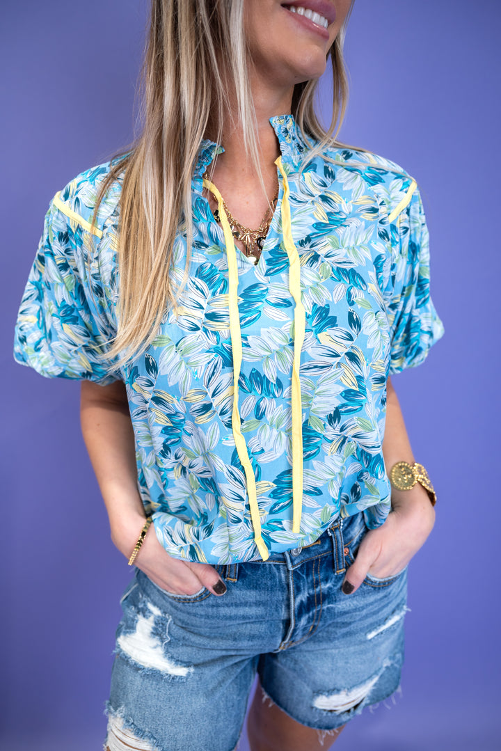 Floral Puff Sleeve Blouse - Blue - EOS Final Sale