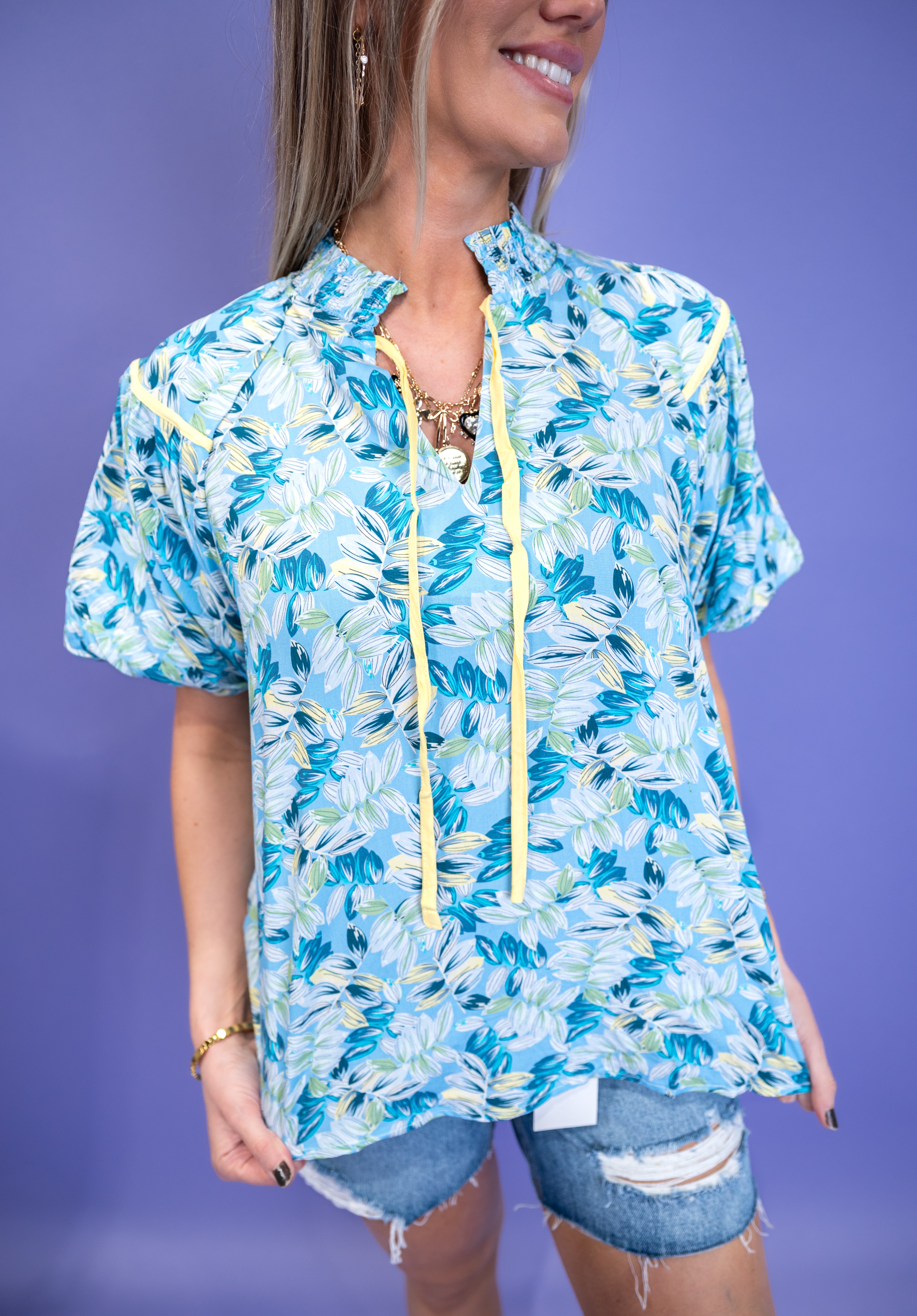 Floral Puff Sleeve Blouse - Blue