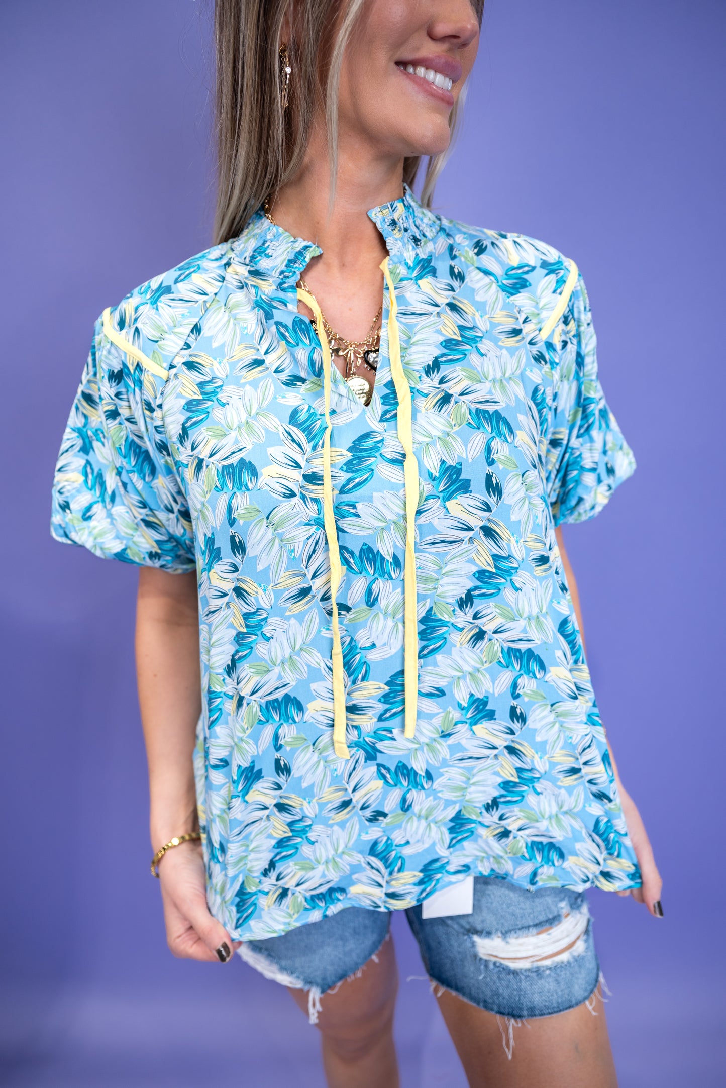 Floral Puff Sleeve Blouse - Blue *Final Sale*