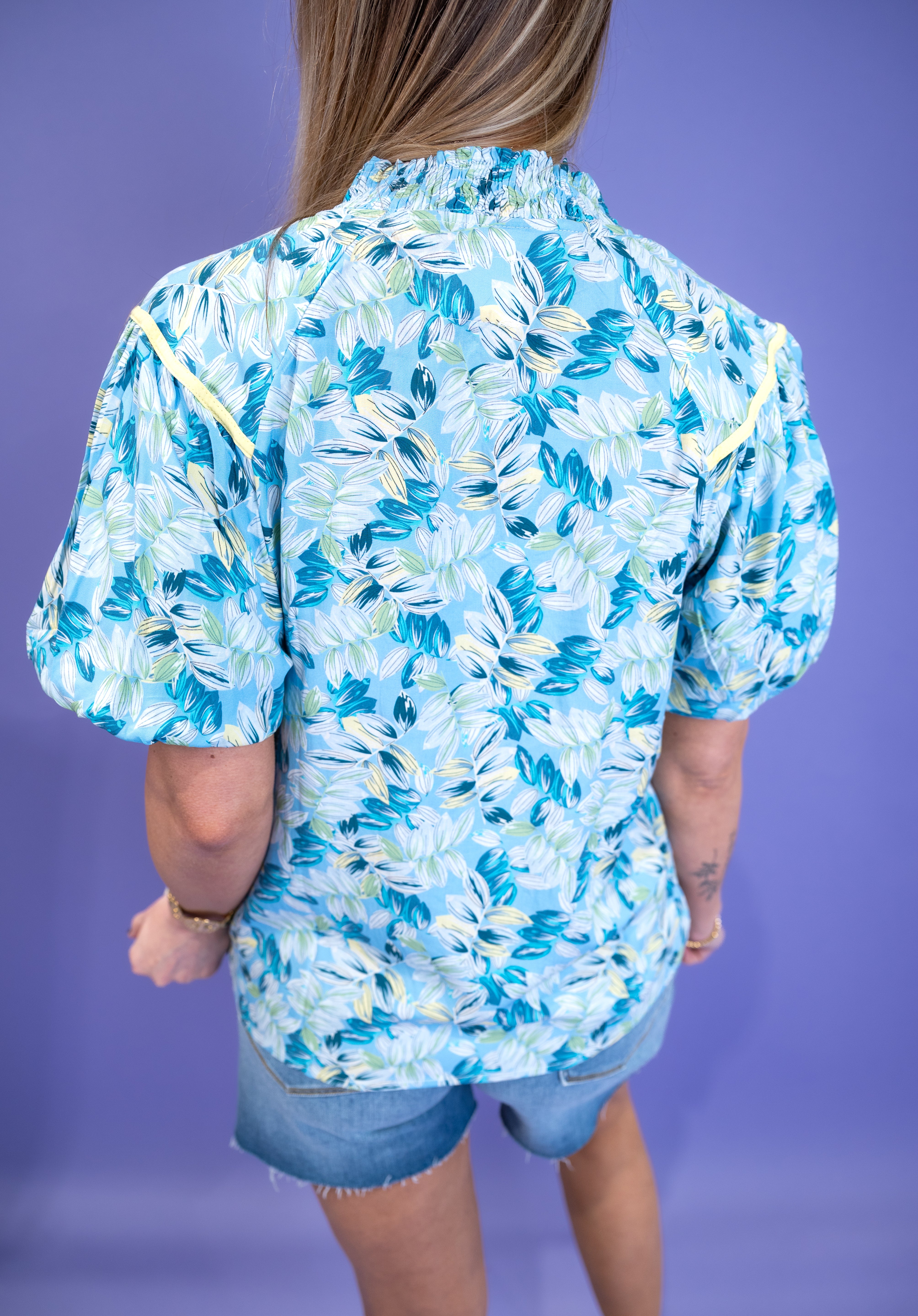Floral Puff Sleeve Blouse - Blue