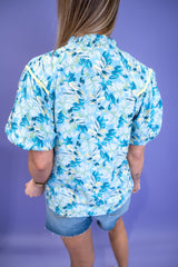Floral Puff Sleeve Blouse - Blue