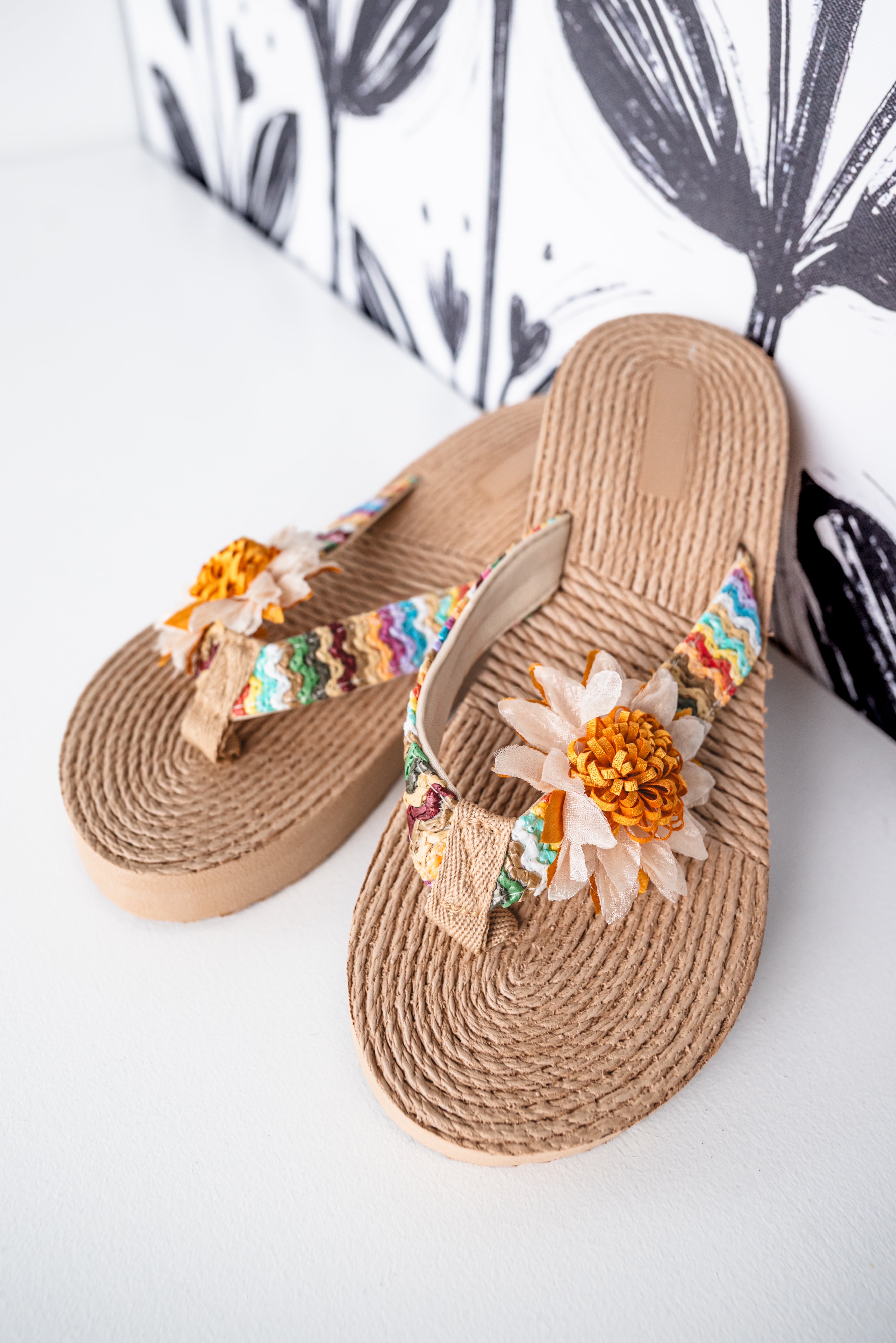 Flower-Decor Woven Wedge Platform Slippers DOORBUSTER
