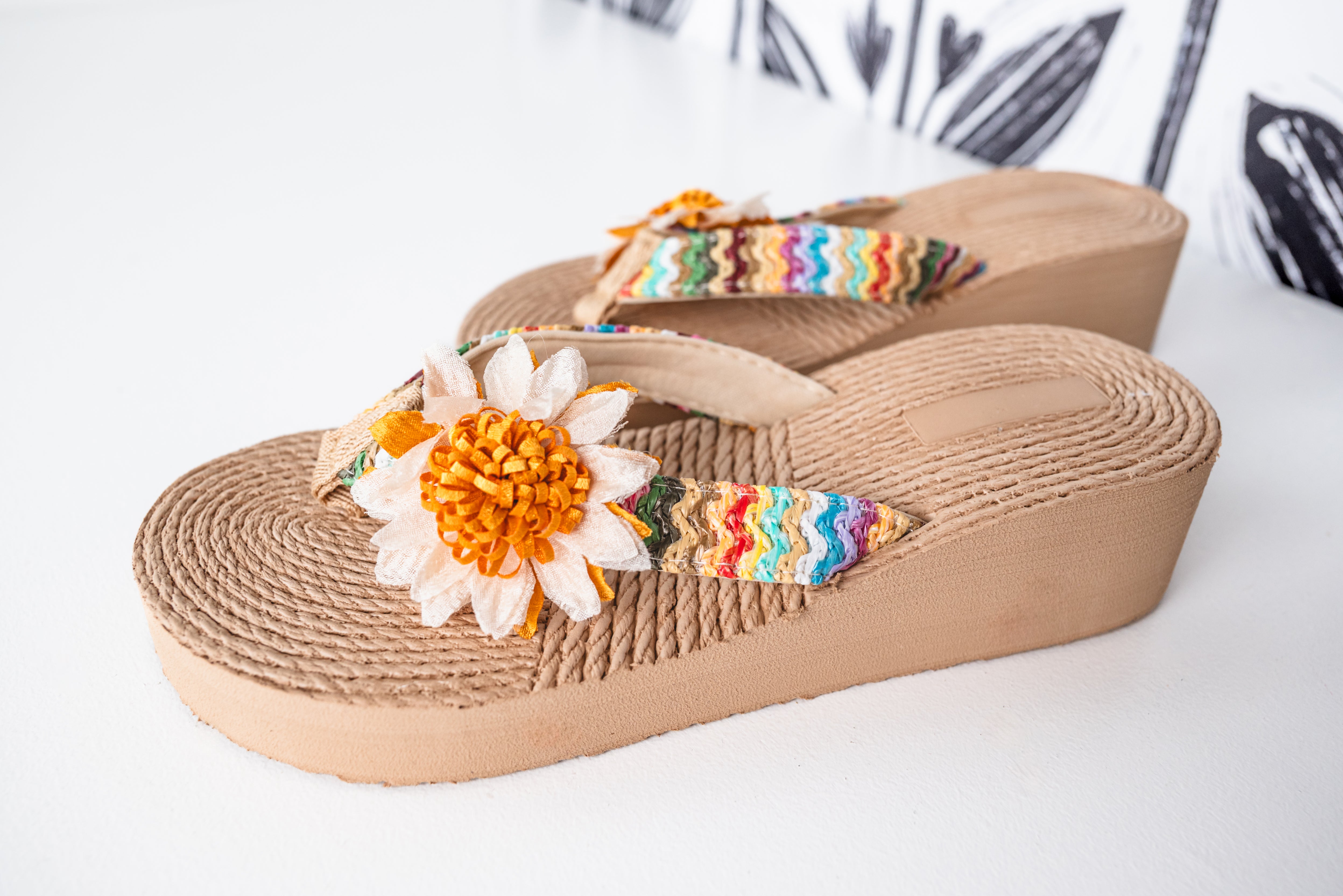 Flower-Decor Woven Wedge Platform Slippers DOORBUSTER
