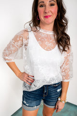 Flutter Bow Mesh Top - Off White
