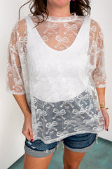 Flutter Bow Mesh Top - Off White