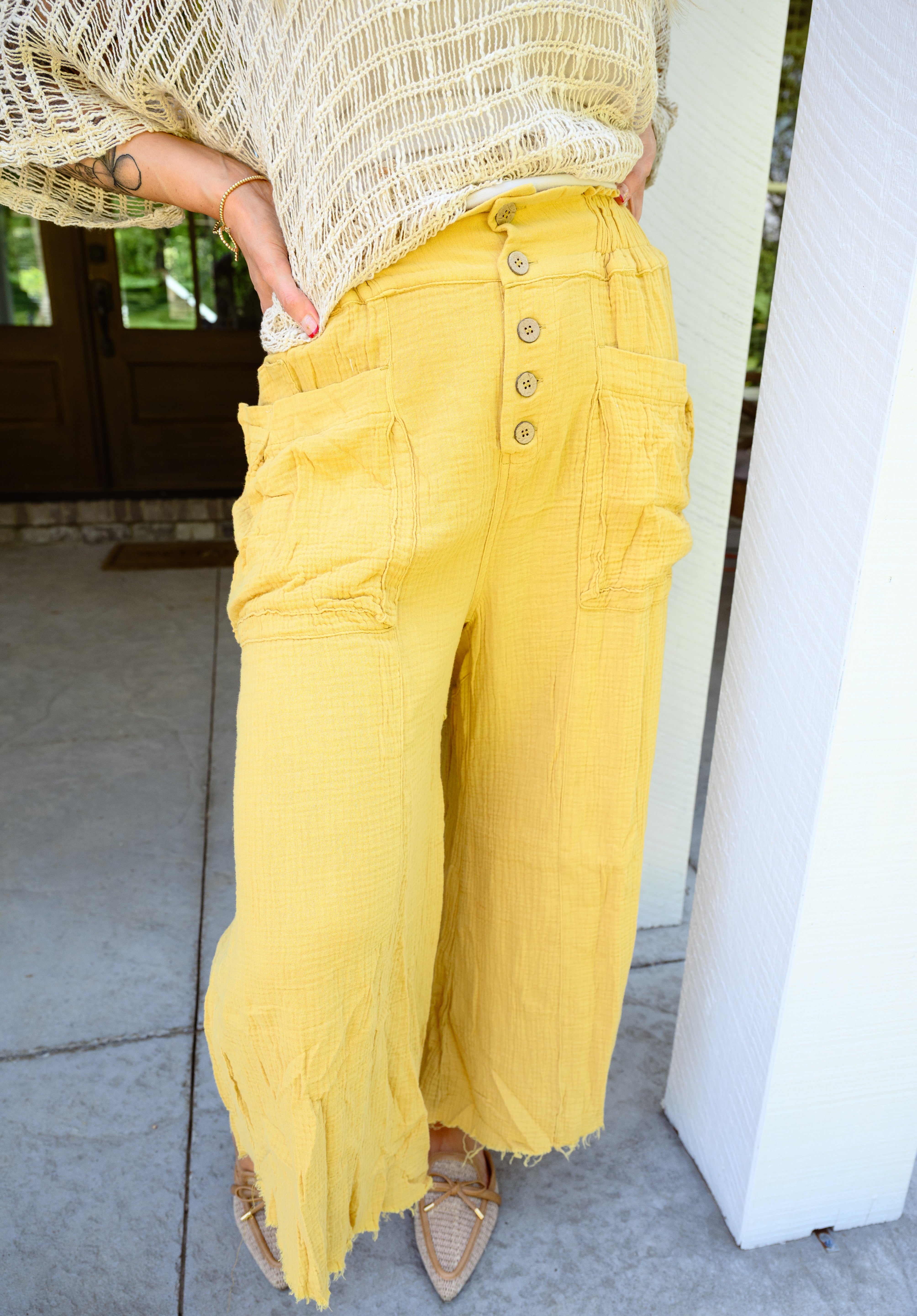 Frayed-Hem Linen Blend Wide-Leg Pants