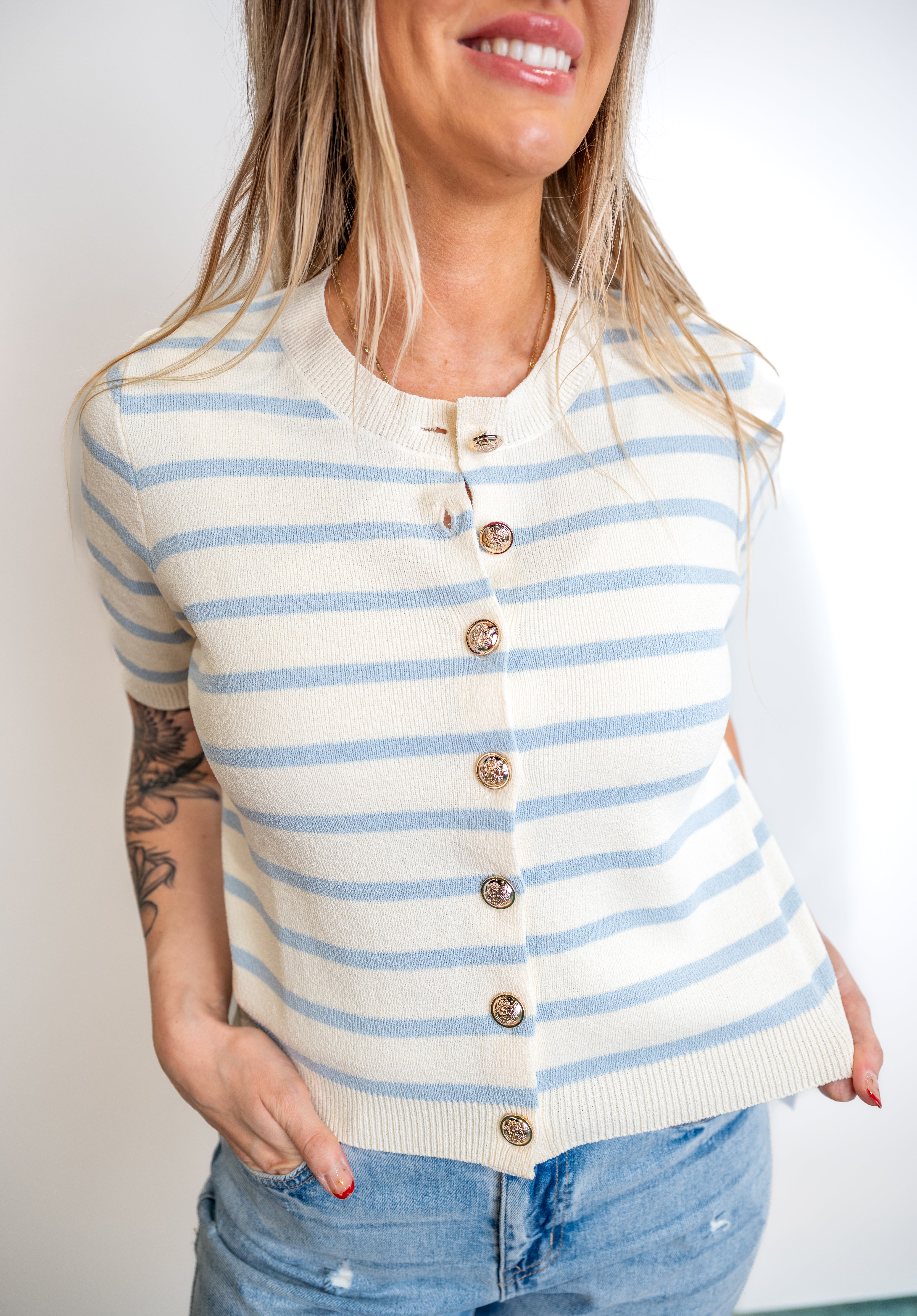 Gold Buttons, High-Contrast Striped Cardigan