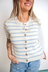 Gold Buttons, High-Contrast Striped Cardigan