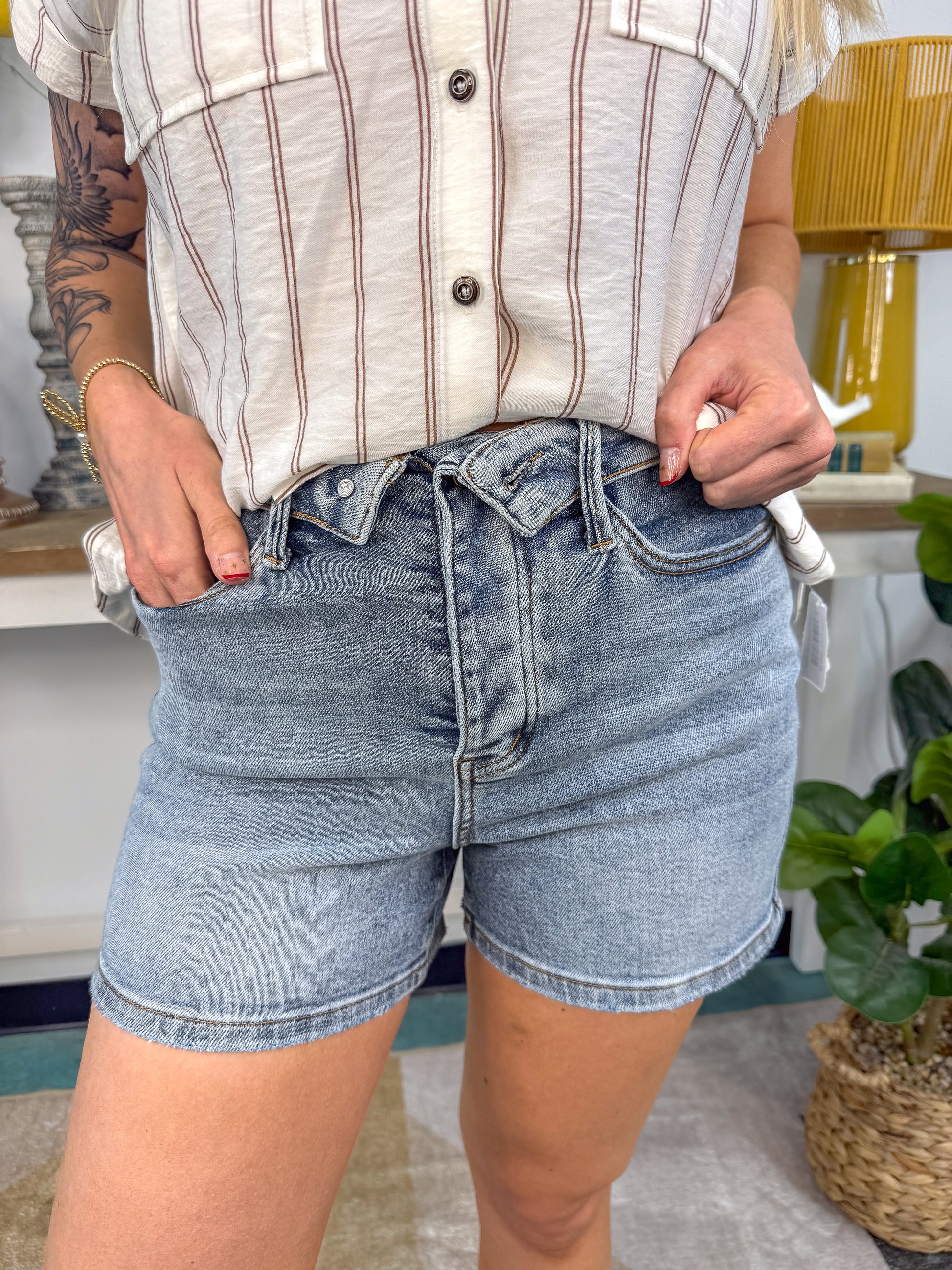 High-Waisted Foldover Denim Shorts - Final Sale