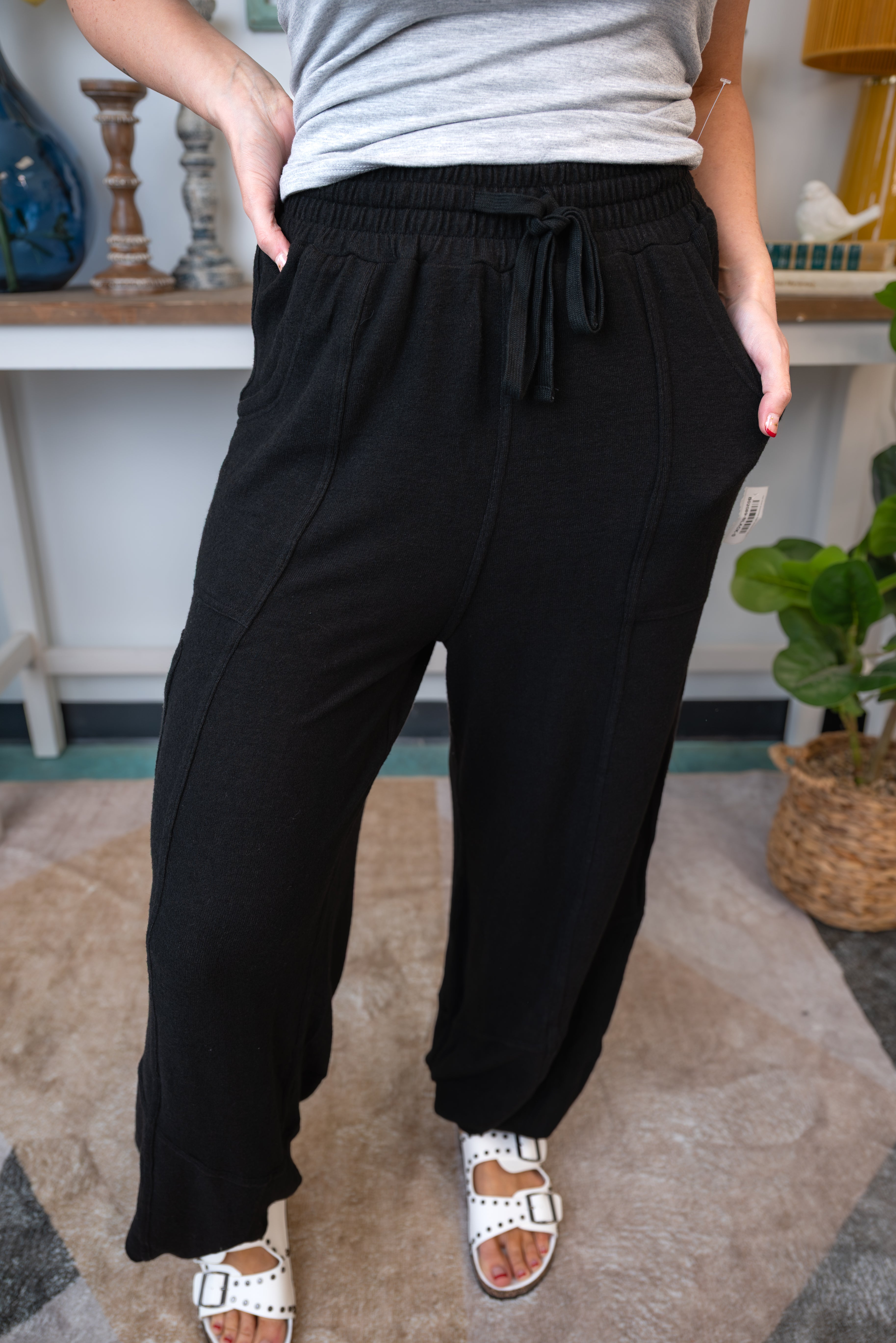 High Waist Drawstring Jogger Sweatpants - Black