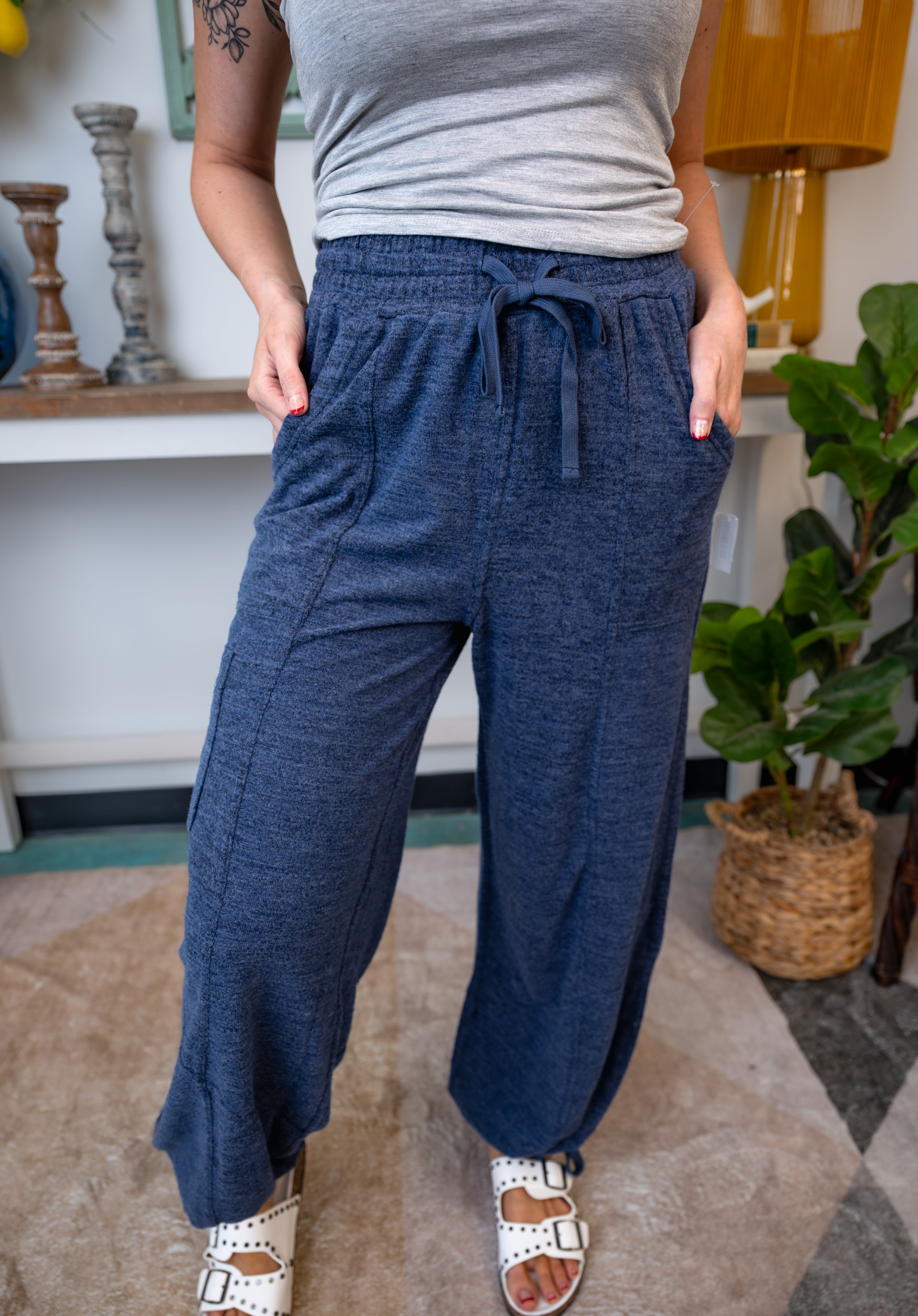 High Waist Drawstring Jogger Sweatpants - Navy