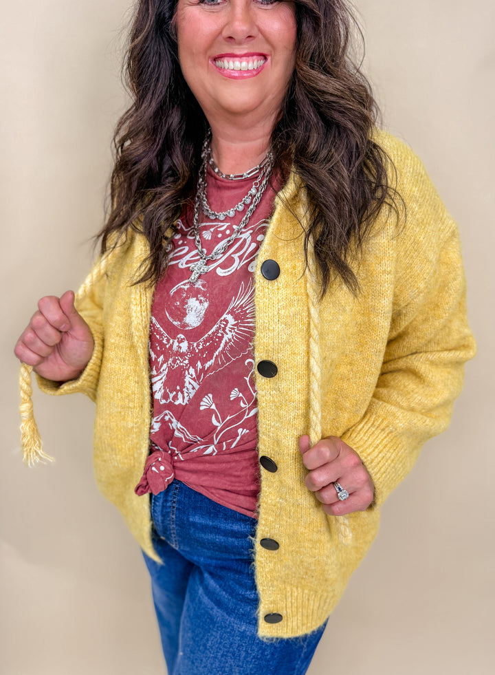 Hooded Button Front Braided Drawstring Knit Cardigan