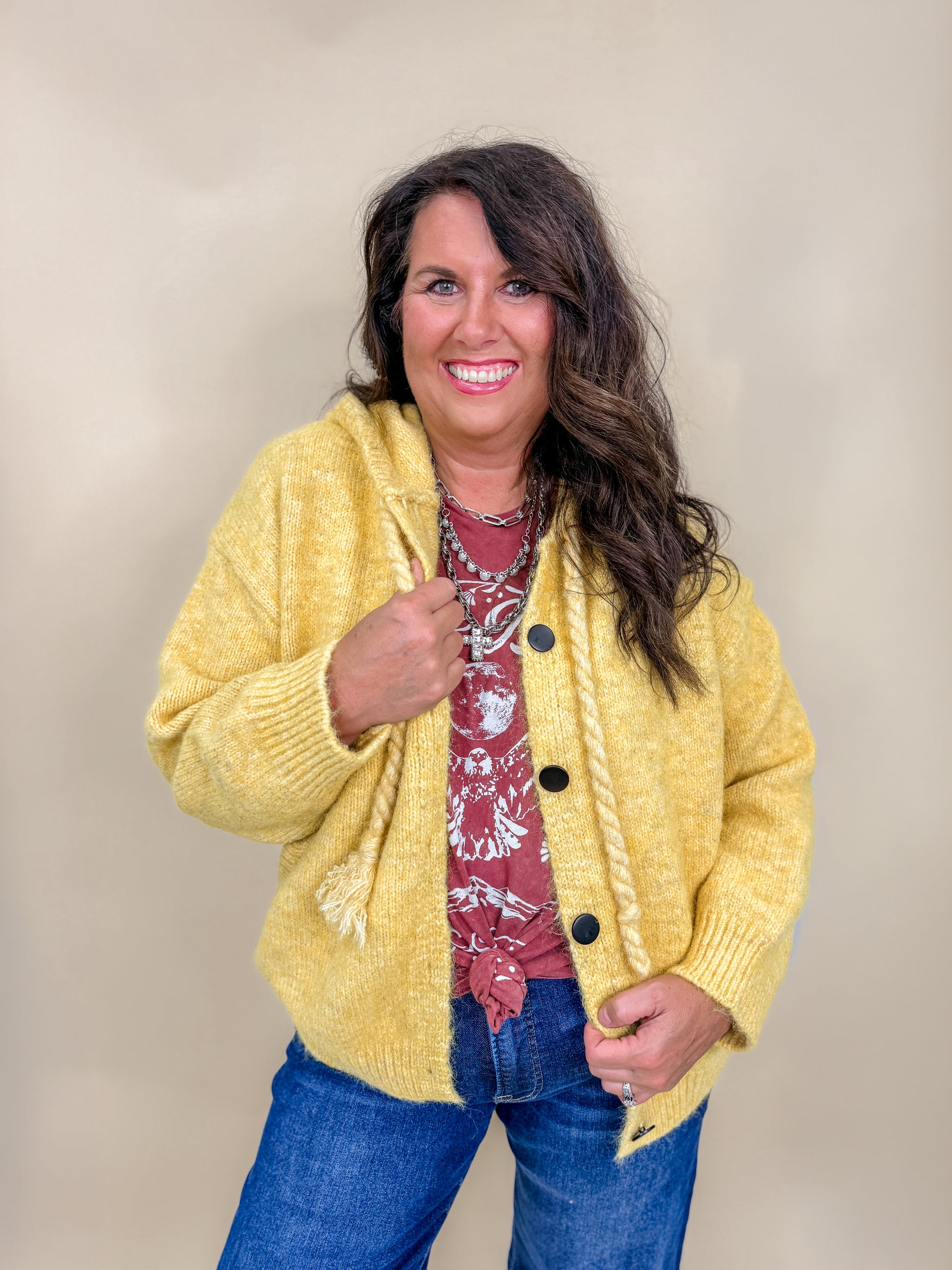Hooded Button Front Braided Drawstring Knit Cardigan