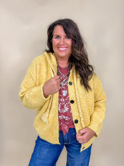 Hooded Button Front Braided Drawstring Knit Cardigan